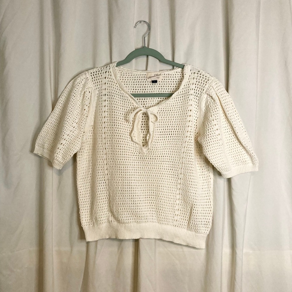 Sweater Cream Tie Front Pointelle Knit Short Universal Thread M Boho Cottagecore